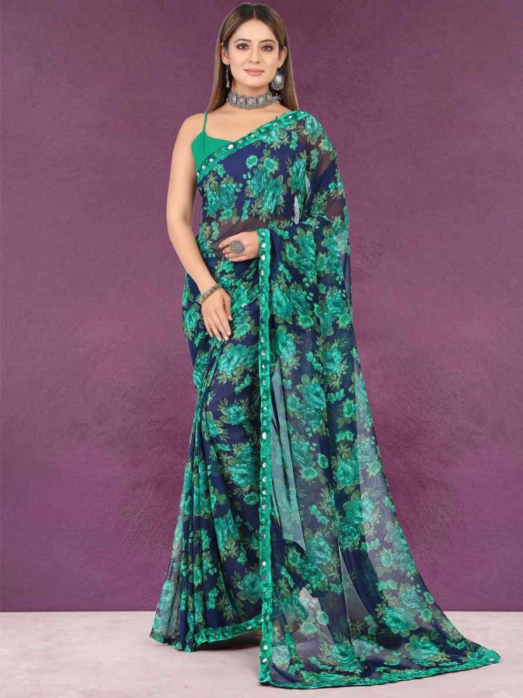 Blue Georgette Printed Casual Party Contemporary Saree