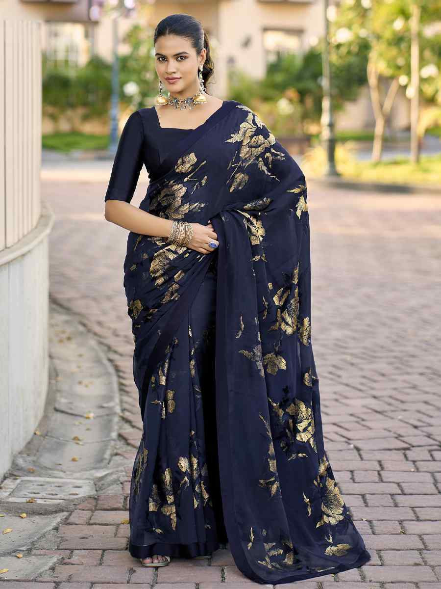 Blue Georgette Printed Casual Reception Festival Wedding Fancy Heavy Border Saree