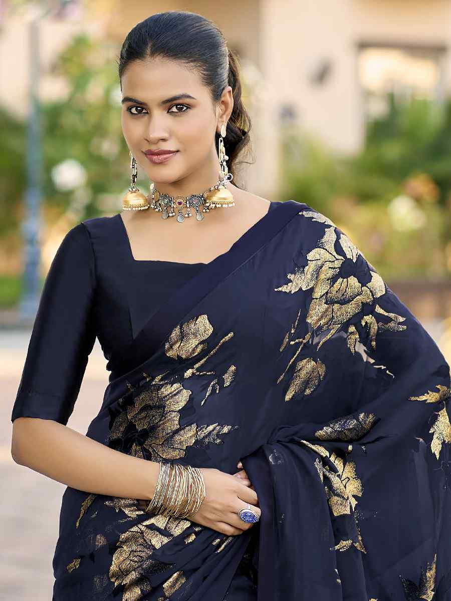 Blue Georgette Printed Casual Reception Festival Wedding Fancy Heavy Border Saree