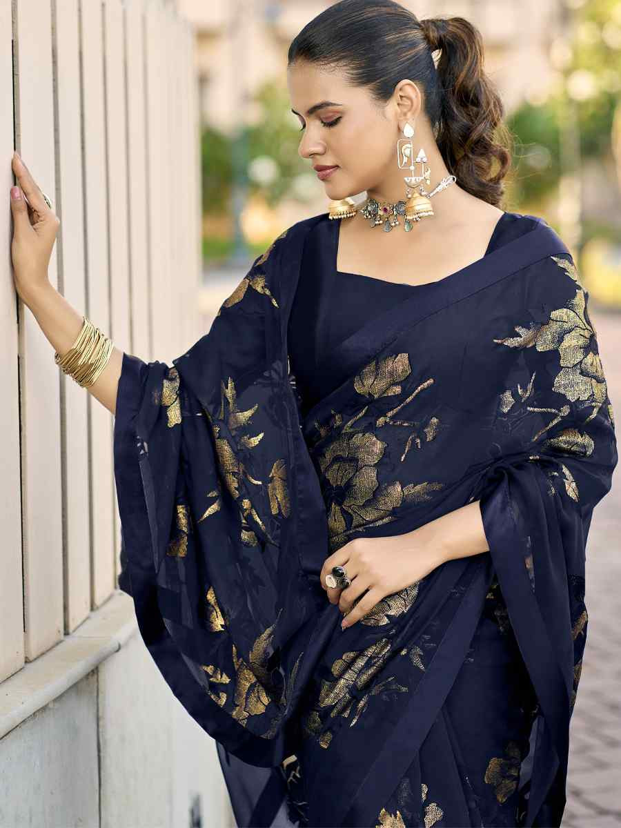 Blue Georgette Printed Casual Reception Festival Wedding Fancy Heavy Border Saree