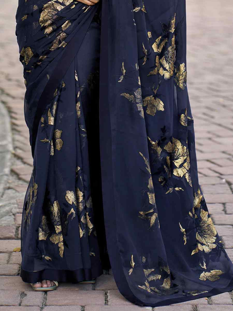 Blue Georgette Printed Casual Reception Festival Wedding Fancy Heavy Border Saree