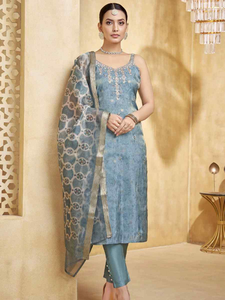 Image of Blue Georgette Printed Embroidery Party Wedding Festival Casual Ready Pant Salwar Kameez