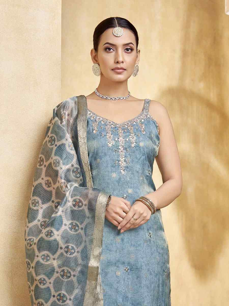 Blue Georgette Printed Embroidery Party Wedding Festival Casual Ready Pant Salwar Kameez