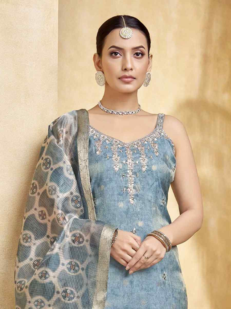 Blue Georgette Printed Embroidery Party Wedding Festival Casual Ready Pant Salwar Kameez