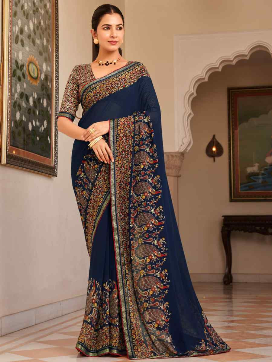 Blue Georgette Printed Festival Wedding Fancy Heavy Border Saree