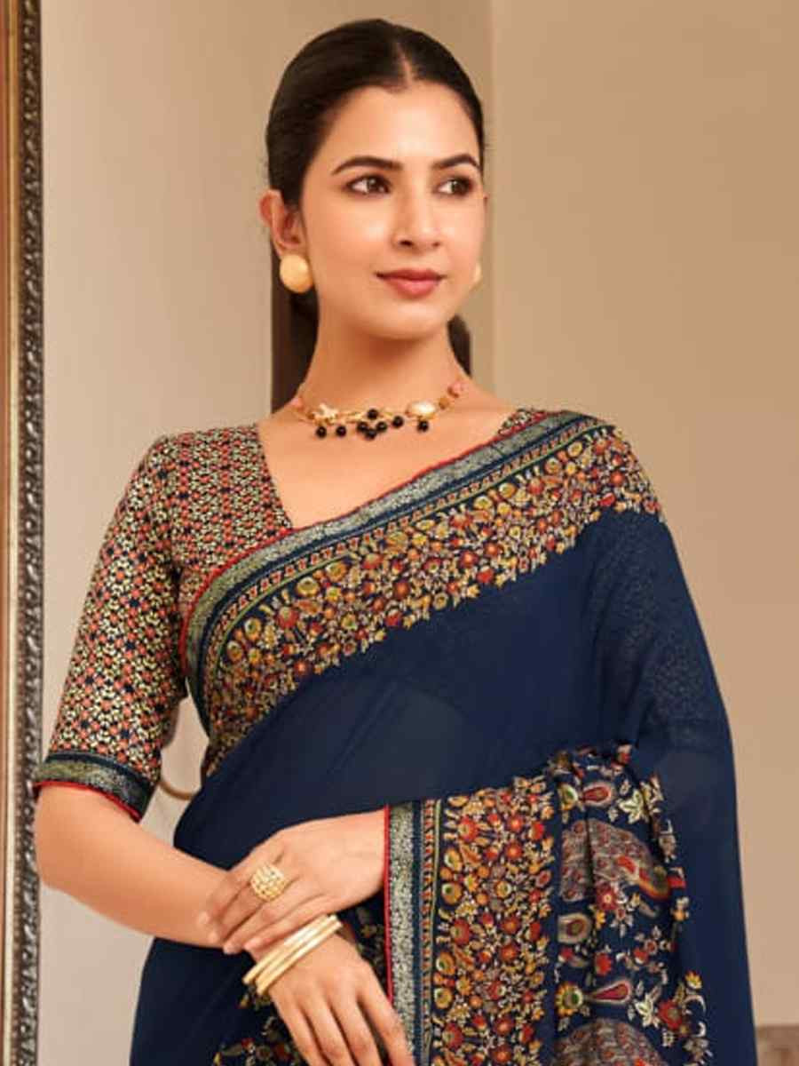 Blue Georgette Printed Festival Wedding Fancy Heavy Border Saree