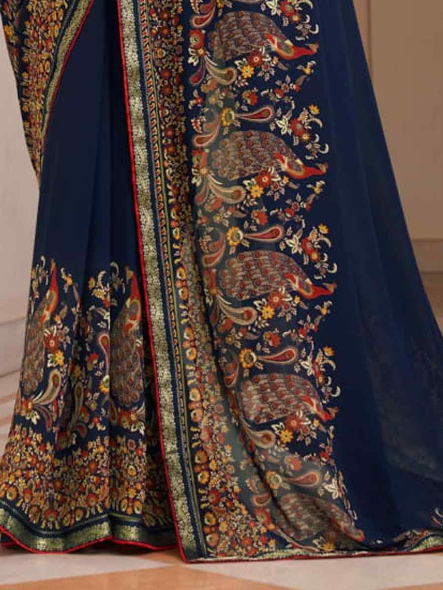 Blue Georgette Printed Festival Wedding Fancy Heavy Border Saree