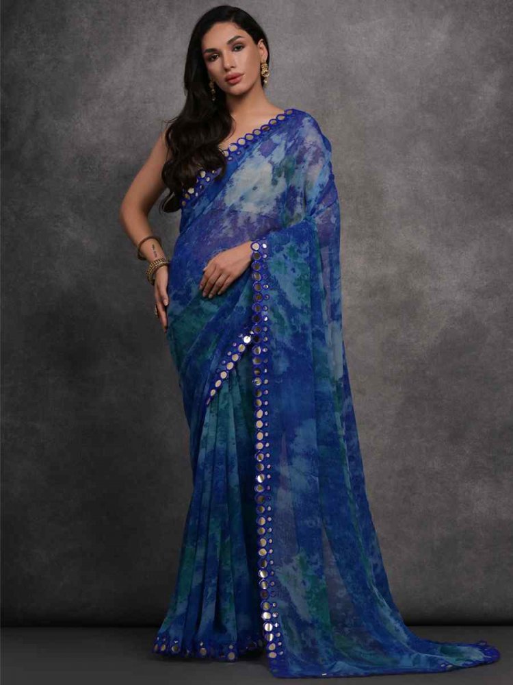 Blue Georgette Printed Party Casual Classic Style Saree