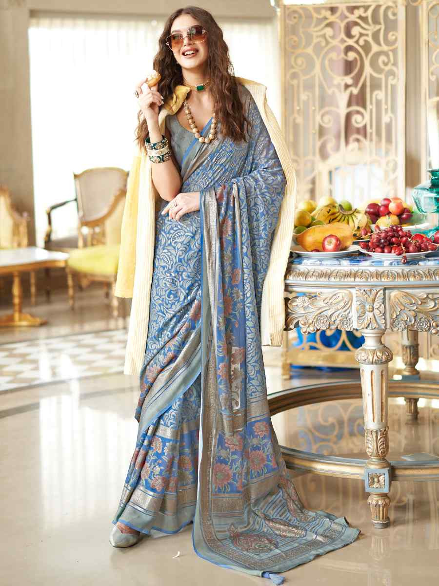 Blue Georgette Printed Party Reception Festival Wedding Fancy Classic Style Sarees