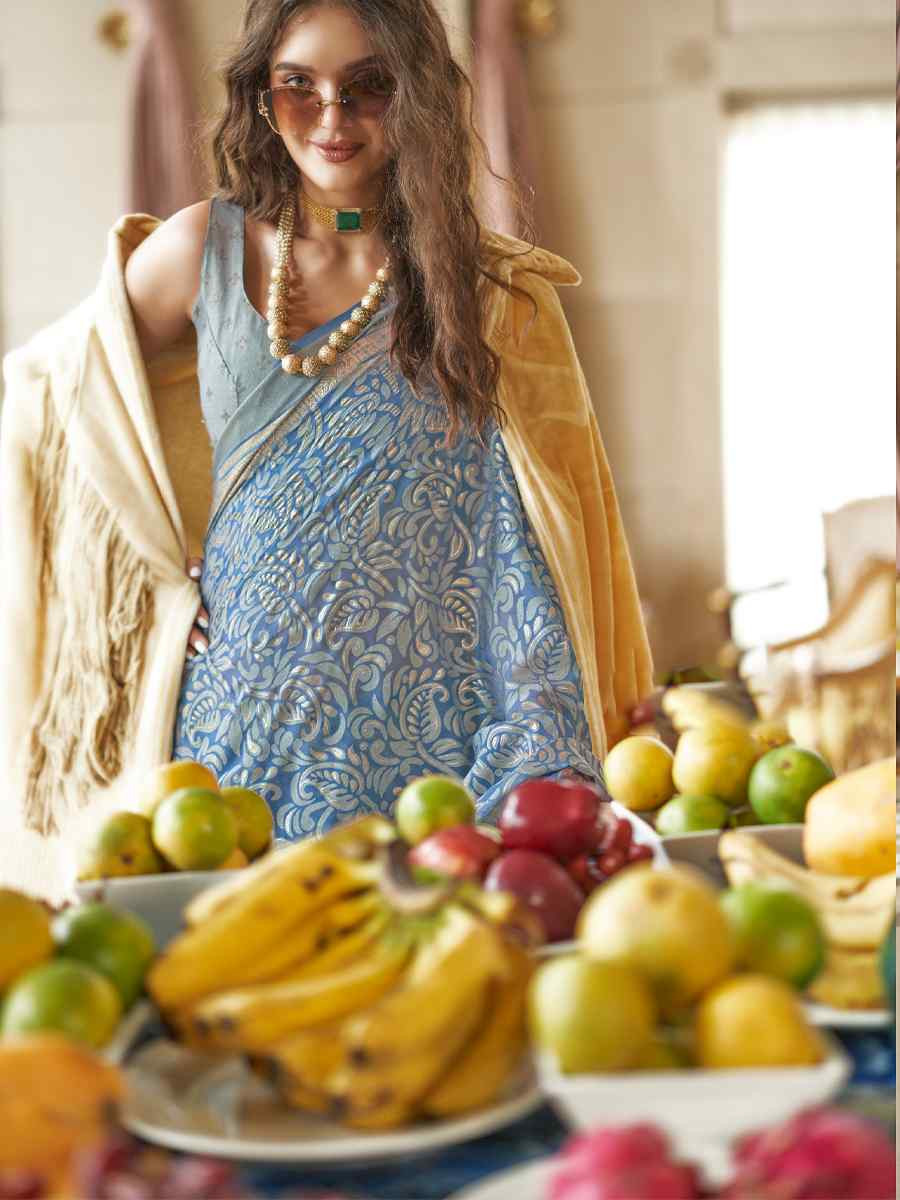 Blue Georgette Printed Party Reception Festival Wedding Fancy Classic Style Sarees