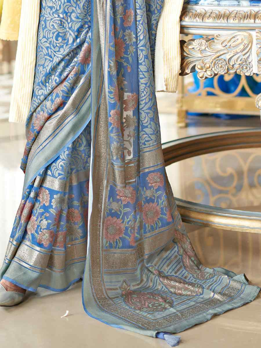 Blue Georgette Printed Party Reception Festival Wedding Fancy Classic Style Sarees