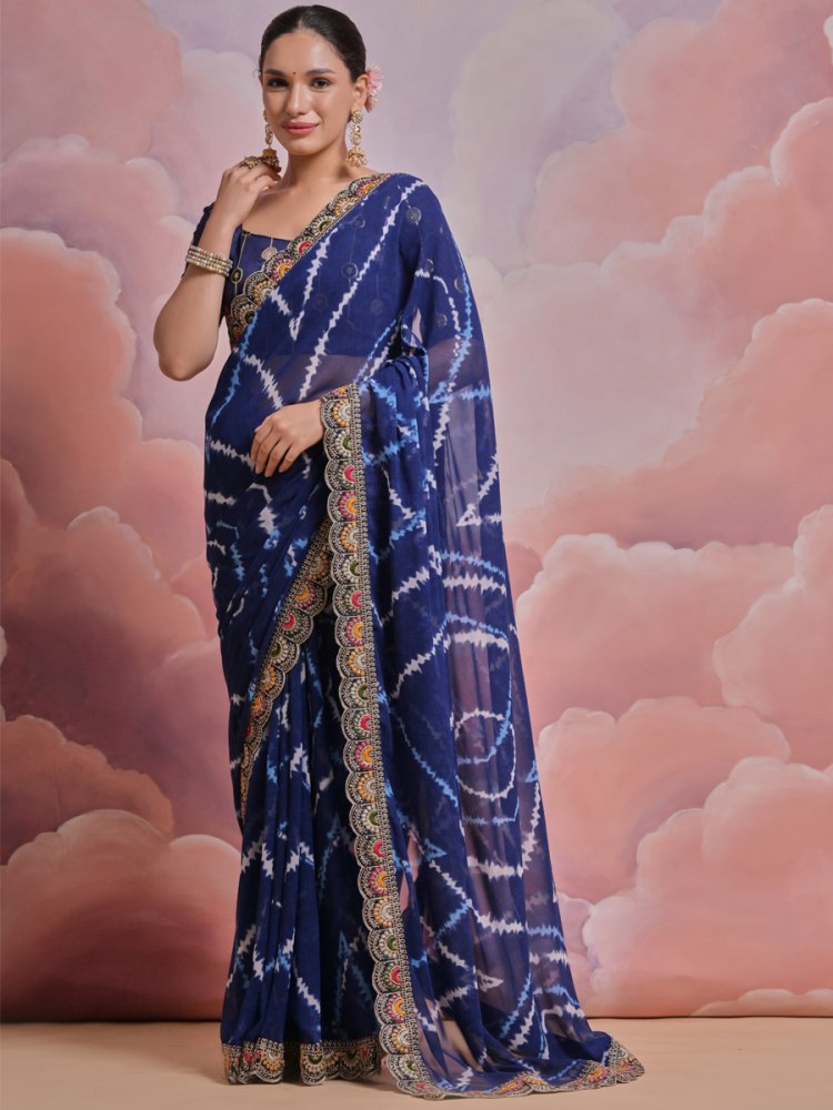 Blue Georgette Printed Wedding Festival Classic Style Saree