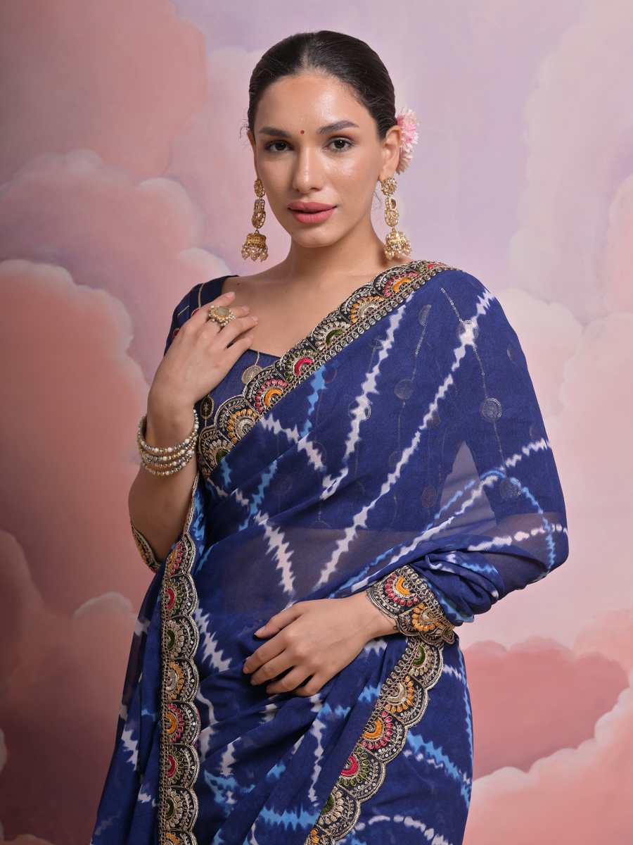 Blue Georgette Printed Wedding Festival Classic Style Saree