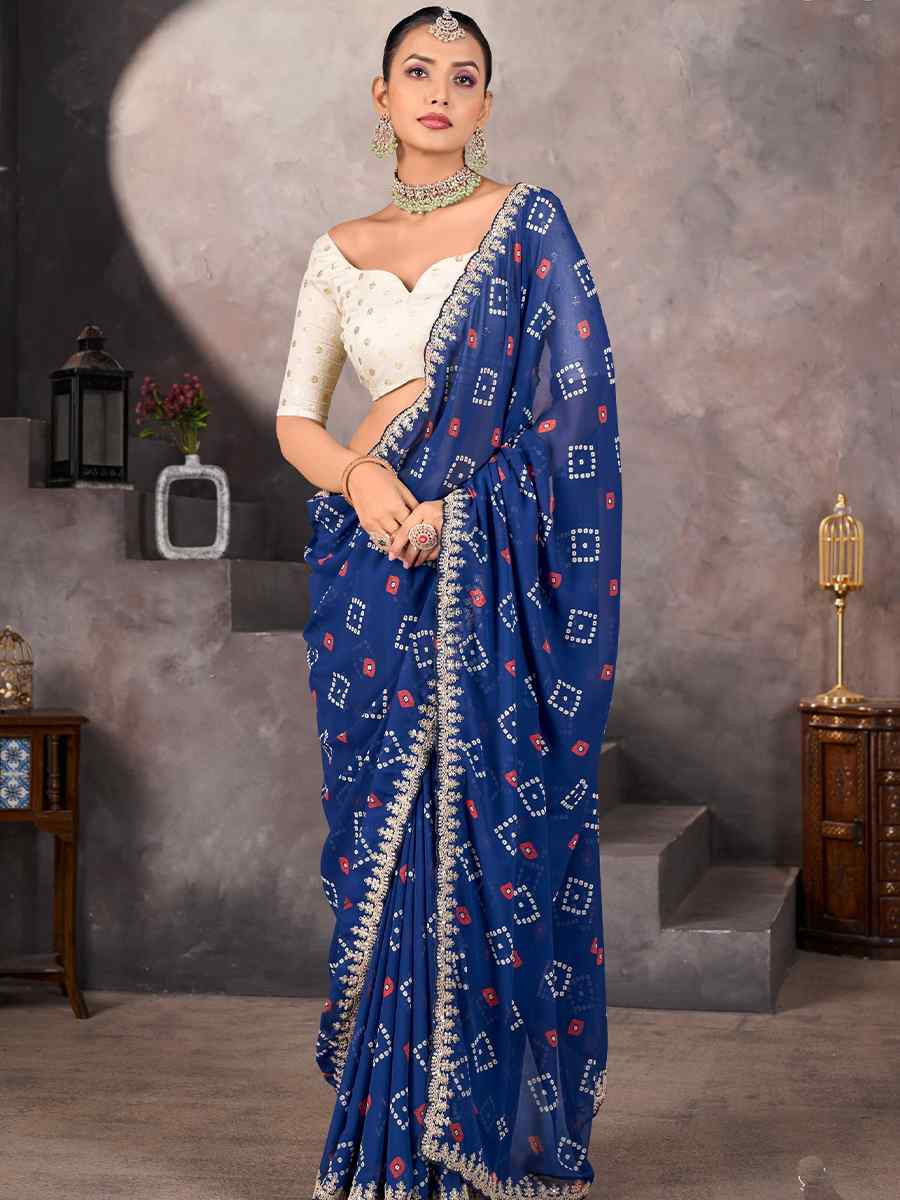 Blue Georgette Printed with Embroidered Festival Wedding Fancy Heavy Border Saree