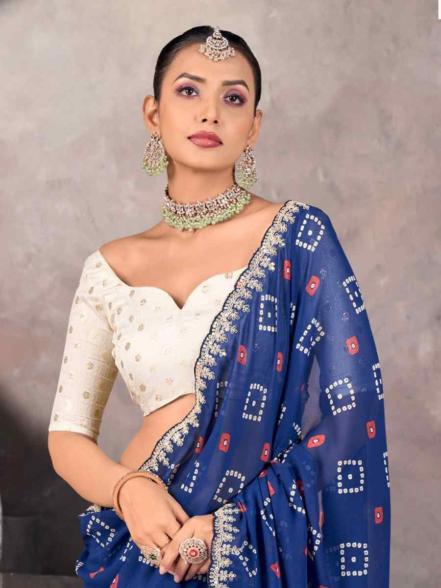 Blue Georgette Printed with Embroidered Festival Wedding Fancy Heavy Border Saree