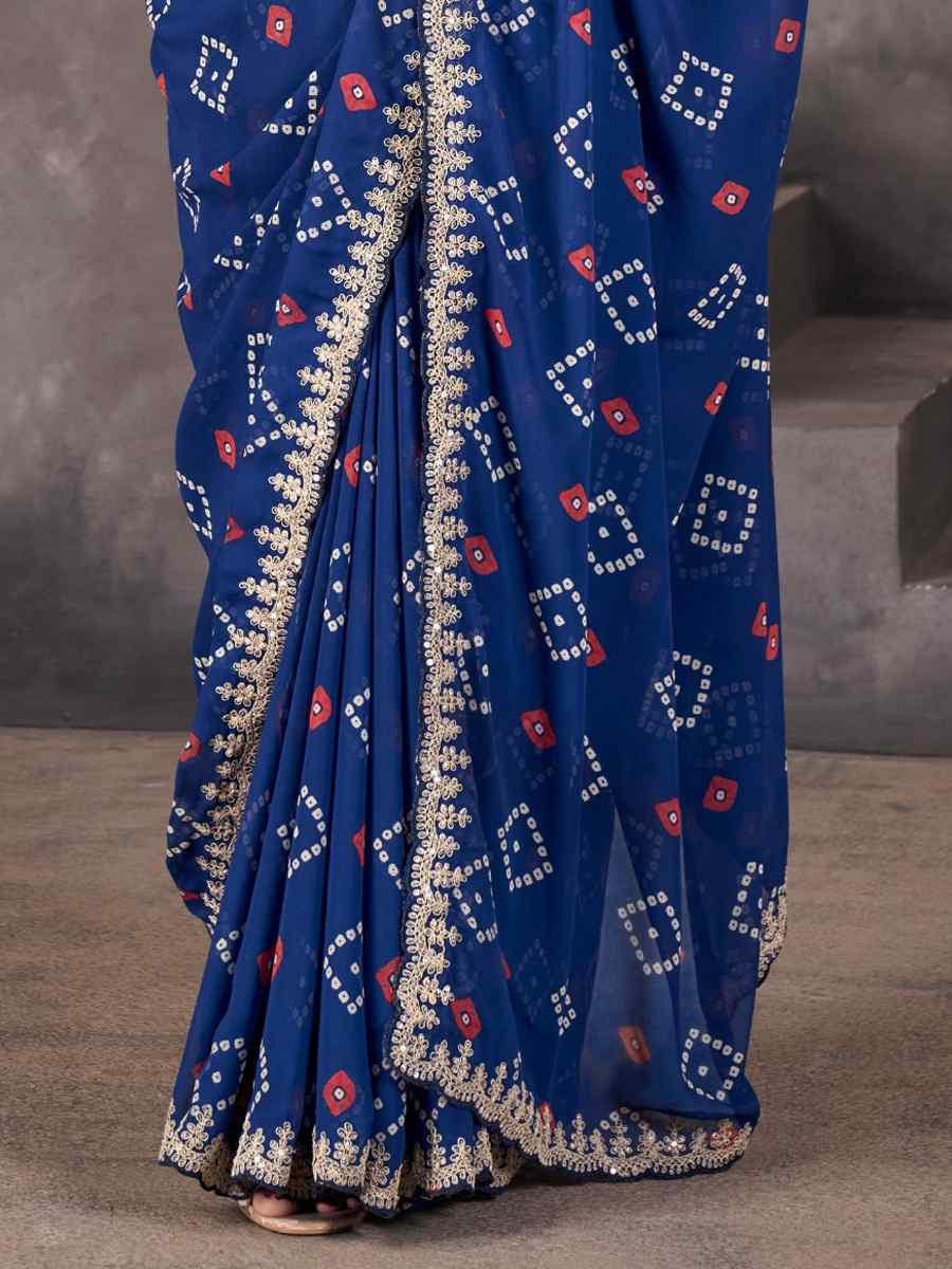 Blue Georgette Printed with Embroidered Festival Wedding Fancy Heavy Border Saree