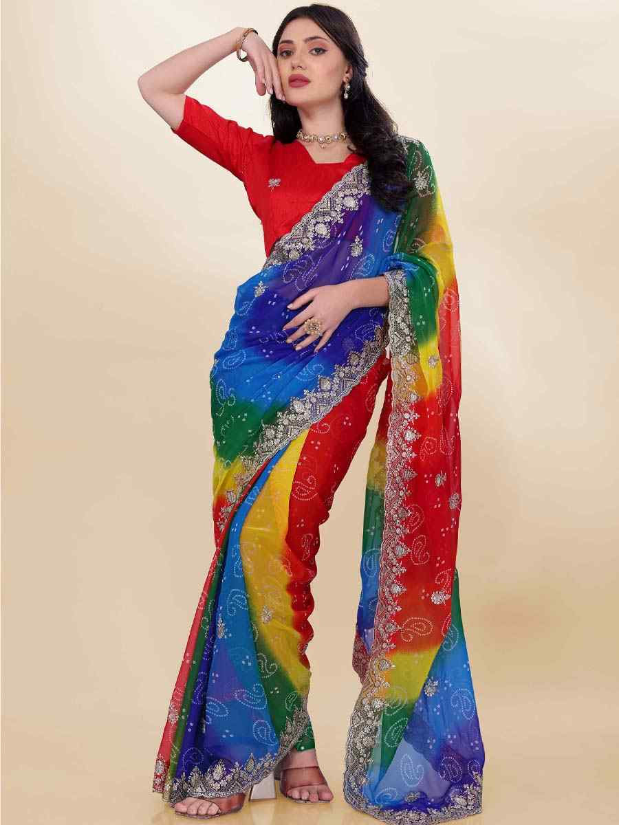 Blue Georgette Printed with Embroidered Festival Wedding Fancy Heavy Border Saree