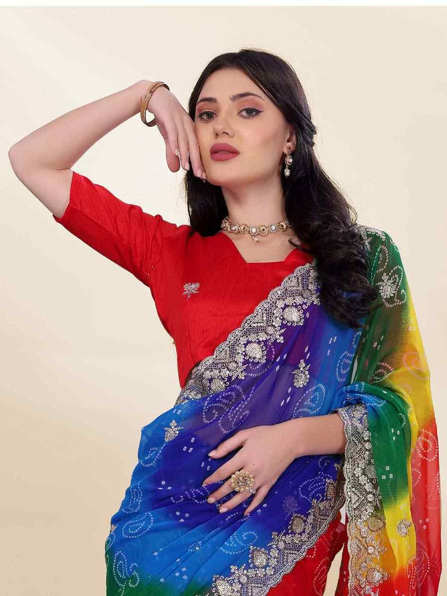 Blue Georgette Printed with Embroidered Festival Wedding Fancy Heavy Border Saree