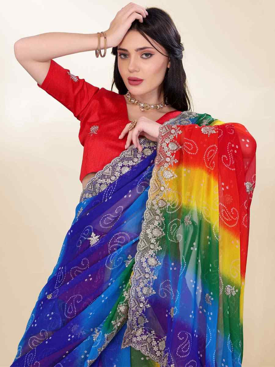 Blue Georgette Printed with Embroidered Festival Wedding Fancy Heavy Border Saree