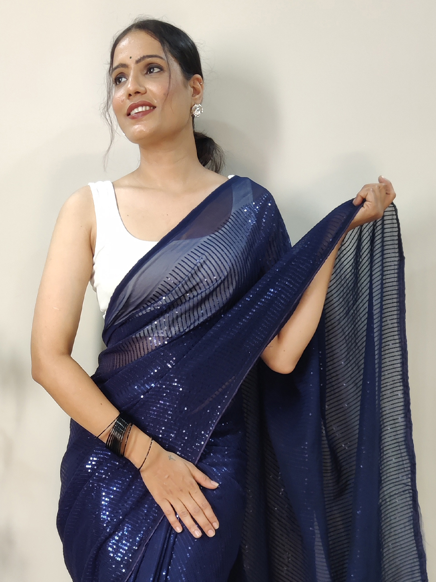 Blue Georgette Sequins Party Festival Classic Style Saree