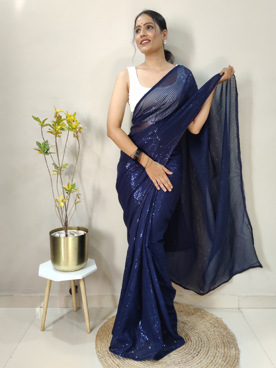 Blue Georgette Sequins Party Festival Classic Style Saree