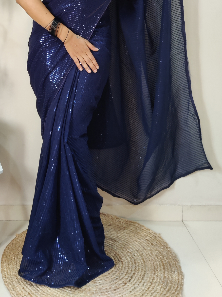 Blue Georgette Sequins Party Festival Classic Style Saree