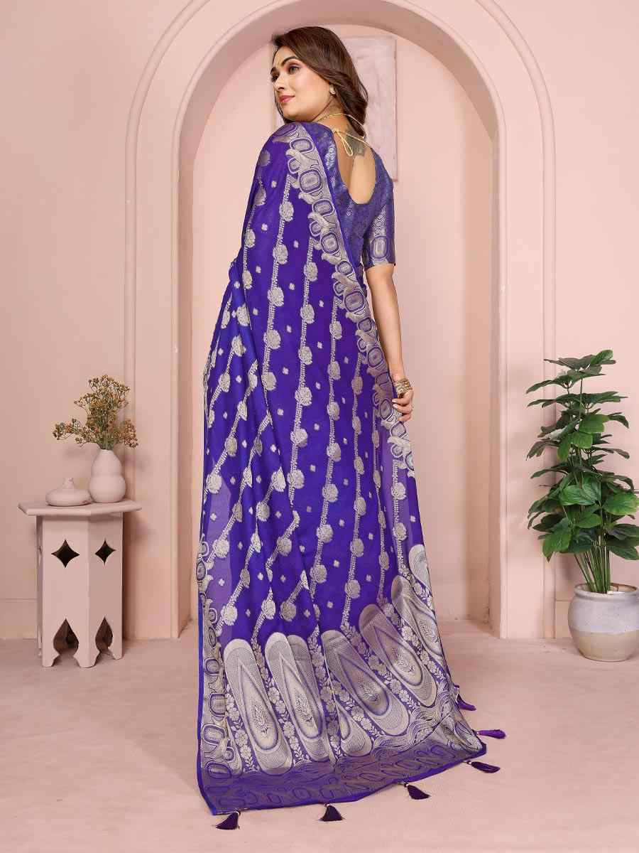 Blue Georgette Silk Handwoven Festival Wedding Fancy Heavy Border Saree