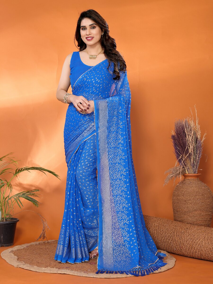 Blue Georgette Traditional Foil Work Zalar Lace Wedding Reception Party Festival Heavy Border Sarees