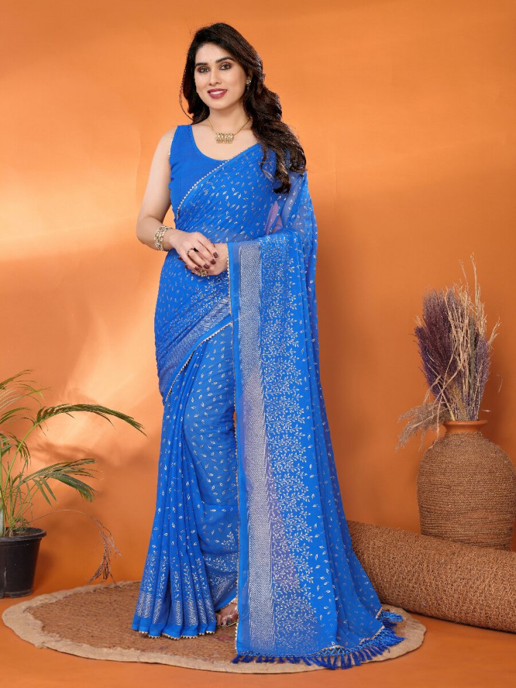 Image of Blue Georgette Traditional Foil Work Zalar Lace Wedding Reception Party Festival Heavy Border Sarees