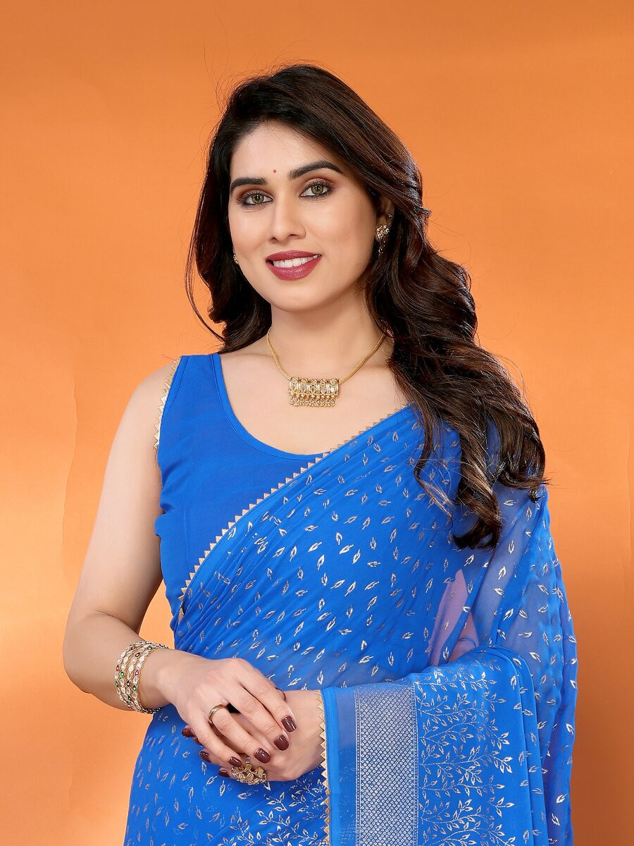 Blue Georgette Traditional Foil Work Zalar Lace Wedding Reception Party Festival Heavy Border Sarees