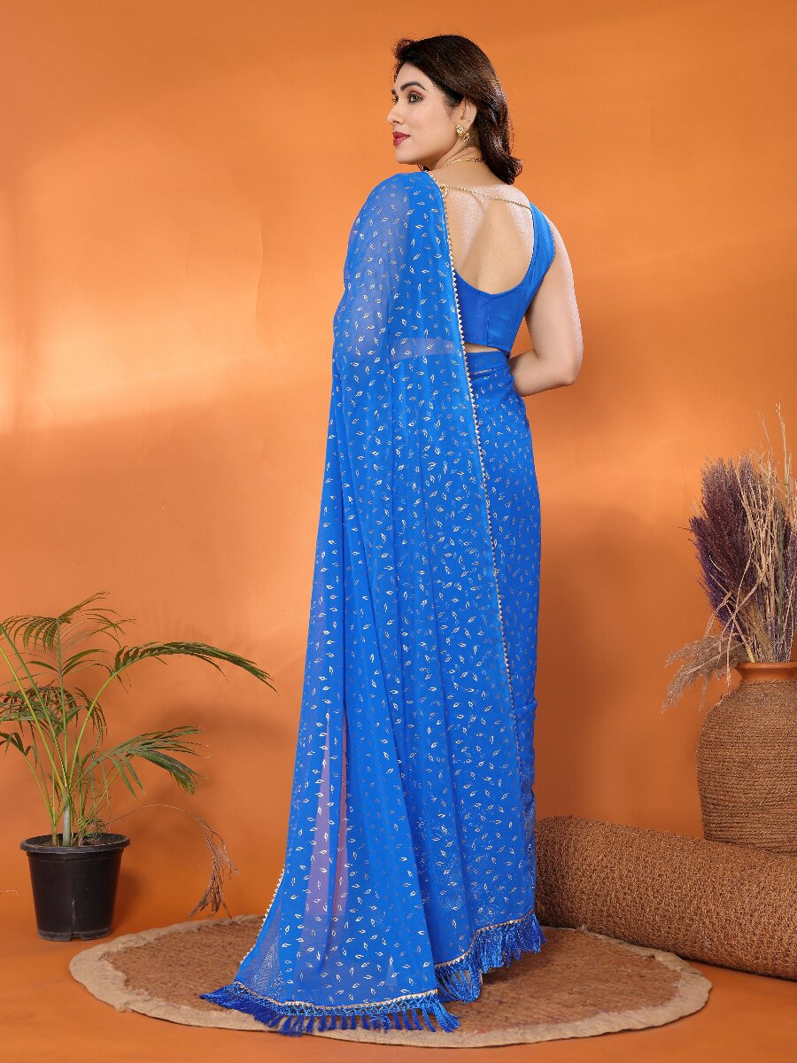 Blue Georgette Traditional Foil Work Zalar Lace Wedding Reception Party Festival Heavy Border Sarees