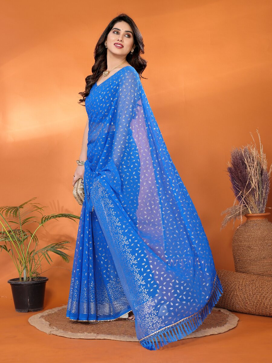 Blue Georgette Traditional Foil Work Zalar Lace Wedding Reception Party Festival Heavy Border Sarees