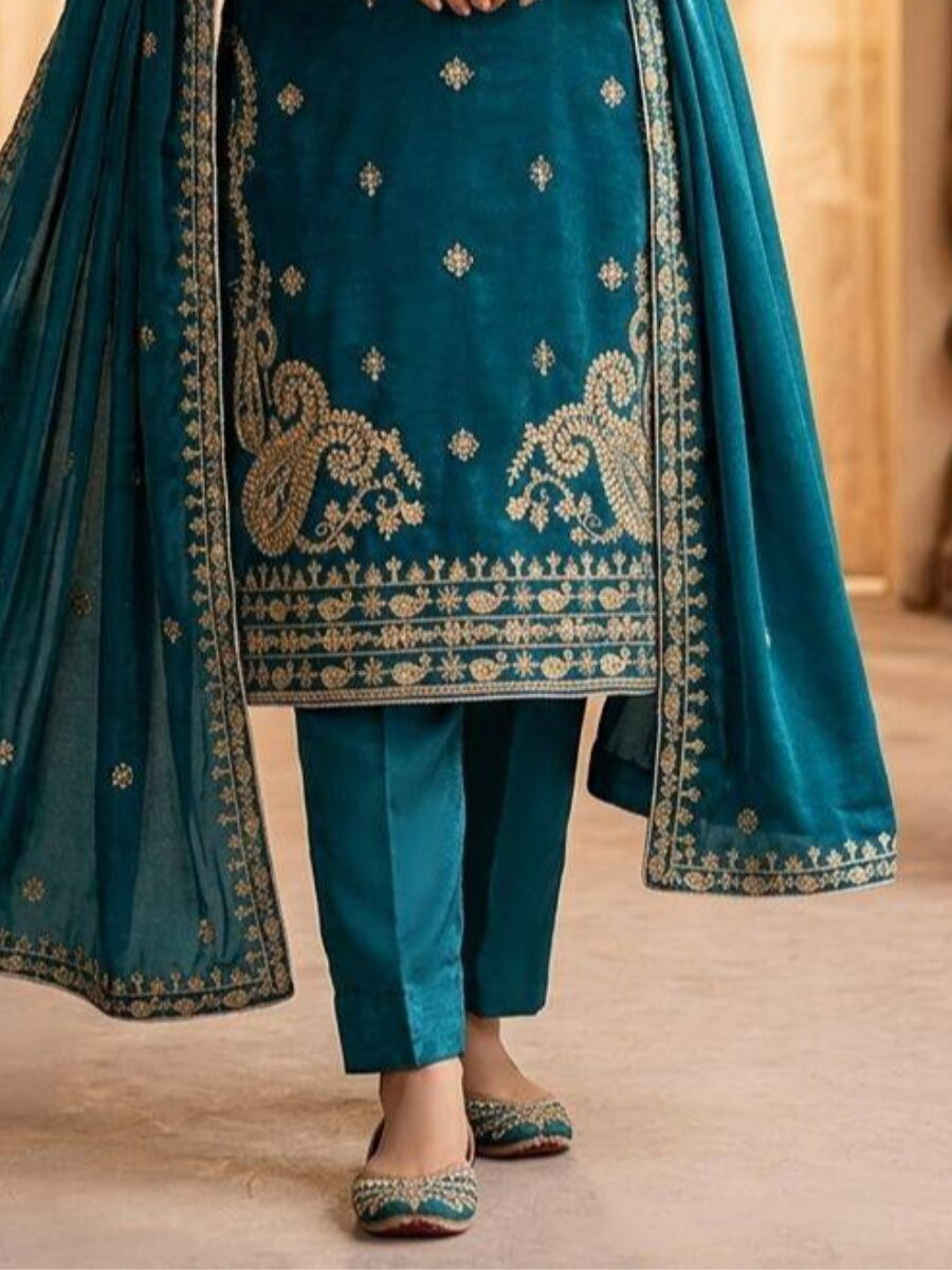 Blue Glass Roman Embroidery Wedding Party Festival Casual Ready Pant Salwar Kameez