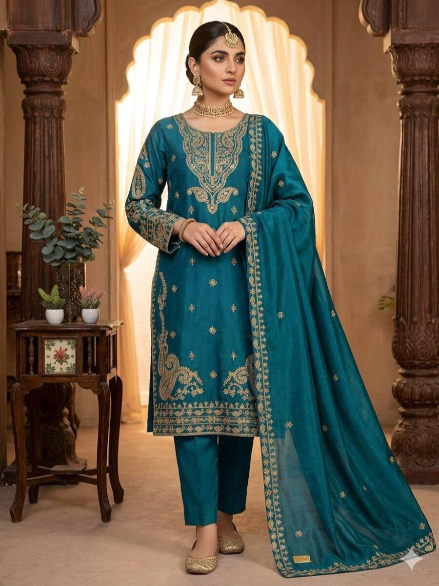 Blue Glass Roman Embroidery Wedding Party Festival Casual Ready Pant Salwar Kameez