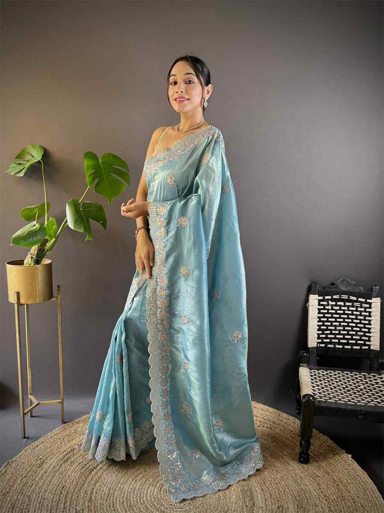 Blue Gold Crunchy Embroidered Festival Wedding Fancy Heavy Border Saree