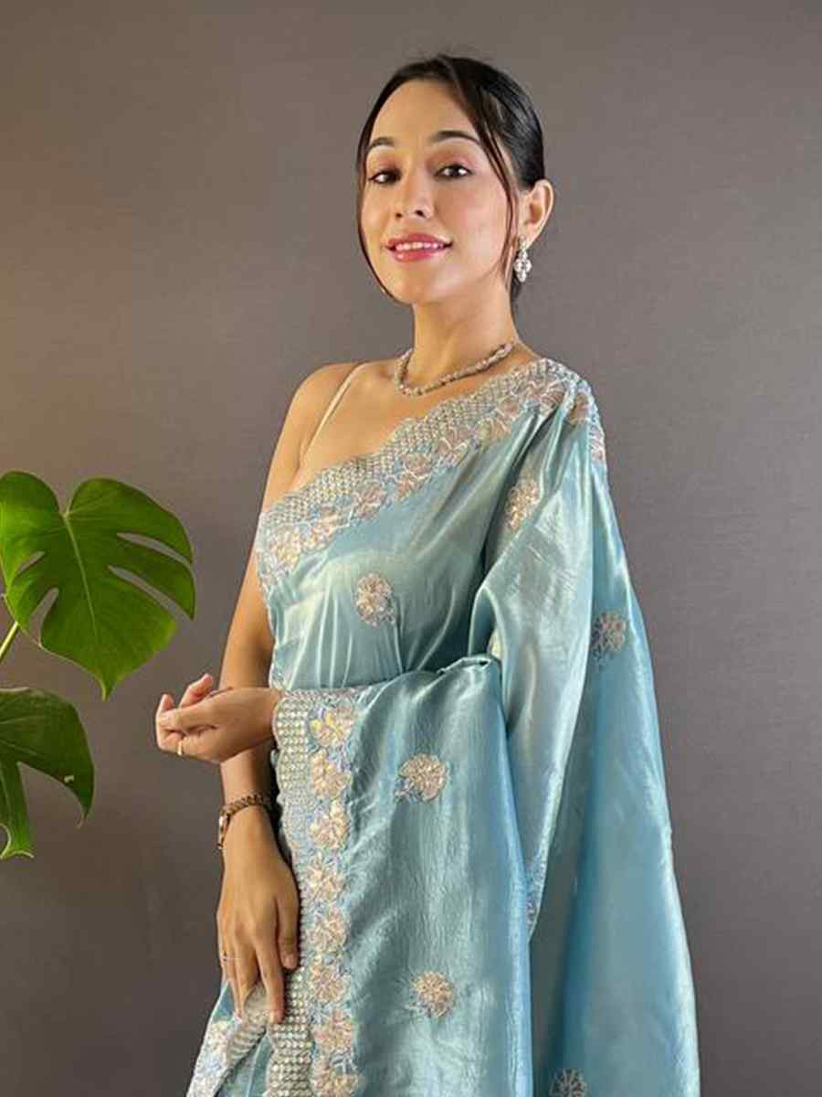 Blue Gold Crunchy Embroidered Festival Wedding Fancy Heavy Border Saree