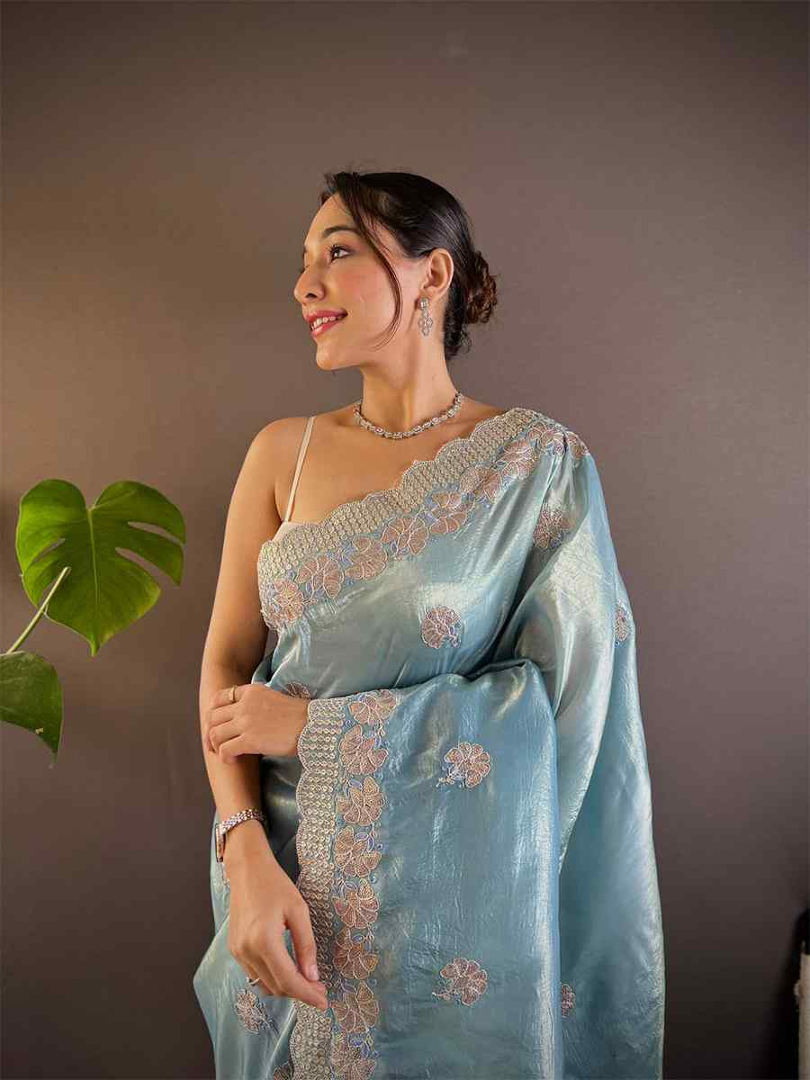 Blue Gold Crunchy Embroidered Festival Wedding Fancy Heavy Border Saree