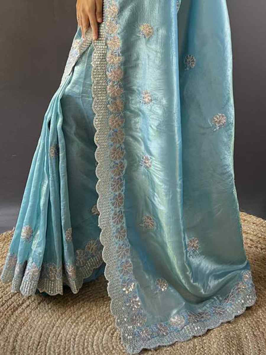 Blue Gold Crunchy Embroidered Festival Wedding Fancy Heavy Border Saree