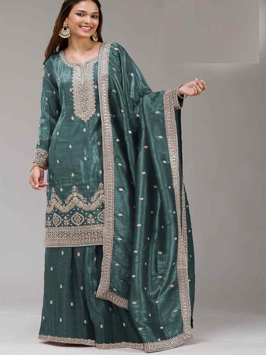 Blue Gold Crush Embroidery Party Wedding Festival Casual Palazzo Pant Salwar Kameez