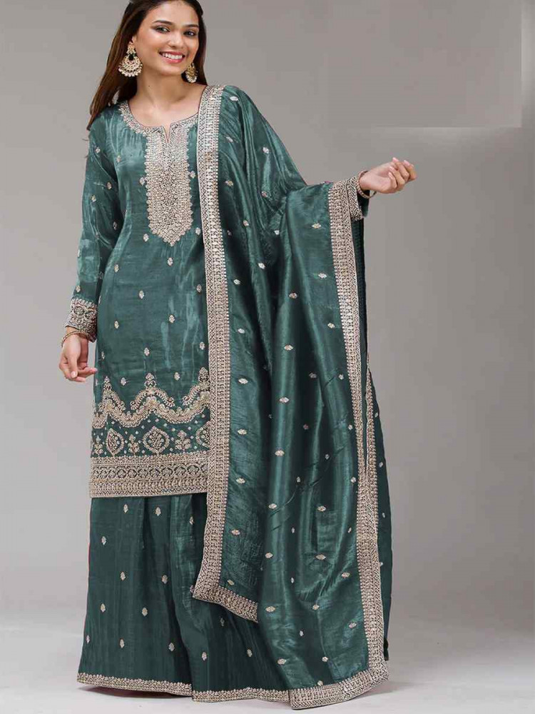 Image of Blue Gold Crush Embroidery Party Wedding Festival Casual Palazzo Pant Salwar Kameez