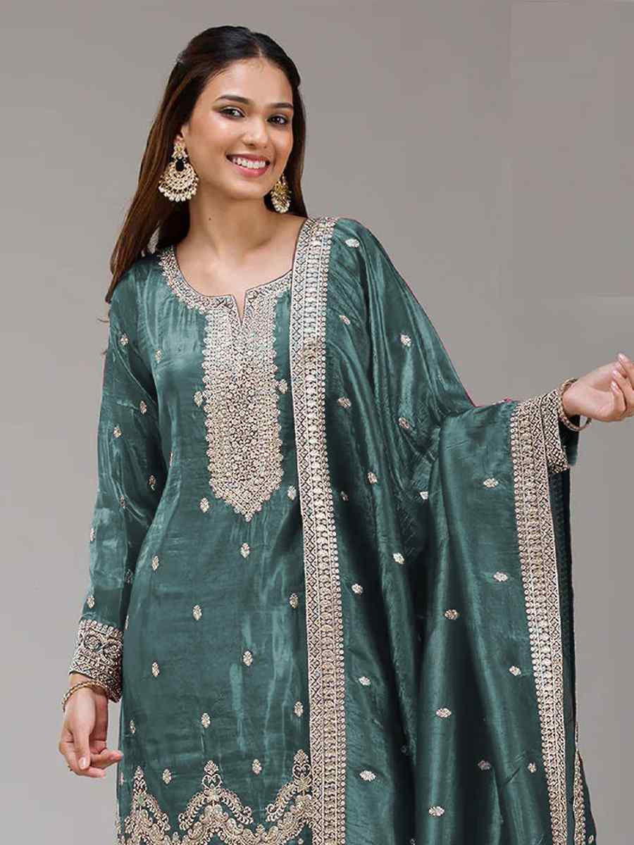 Blue Gold Crush Embroidery Party Wedding Festival Casual Palazzo Pant Salwar Kameez