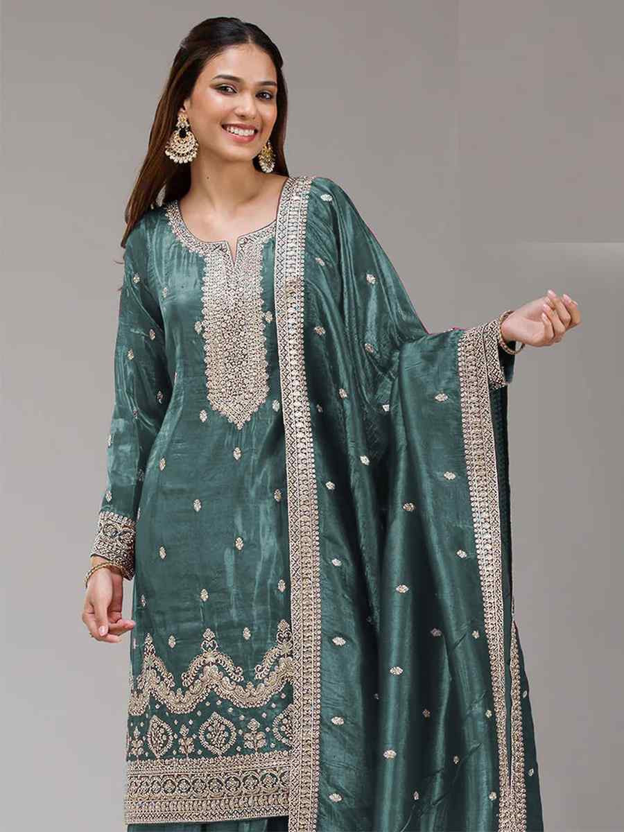 Blue Gold Crush Embroidery Party Wedding Festival Casual Palazzo Pant Salwar Kameez