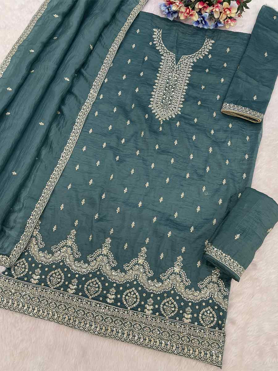 Blue Gold Crush Embroidery Party Wedding Festival Casual Palazzo Pant Salwar Kameez
