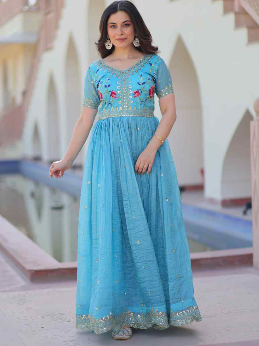 Blue Gold Crush Silk Embroidered Festival Mehendi Gown