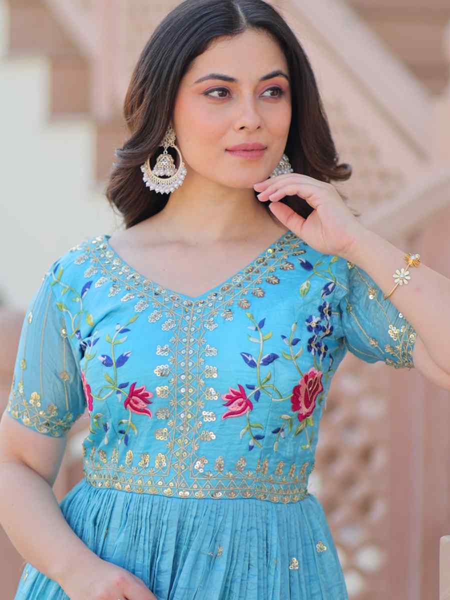 Blue Gold Crush Silk Embroidered Festival Mehendi Gown