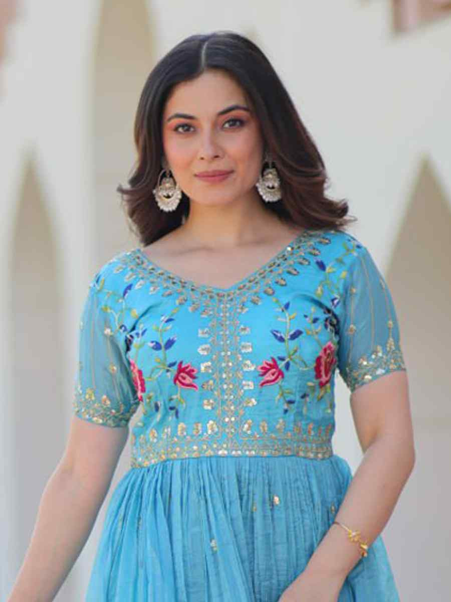 Blue Gold Crush Silk Embroidered Festival Mehendi Gown