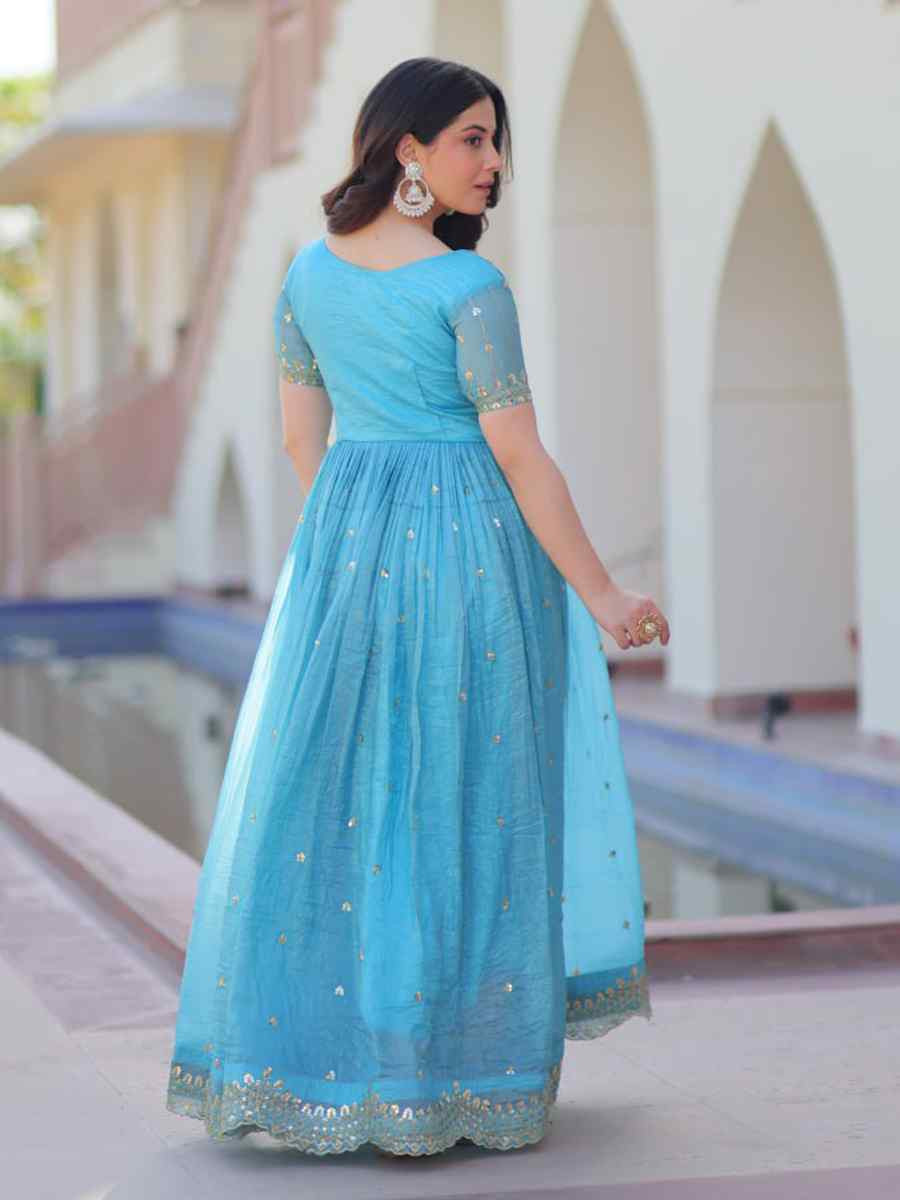 Blue Gold Crush Silk Embroidered Festival Mehendi Gown