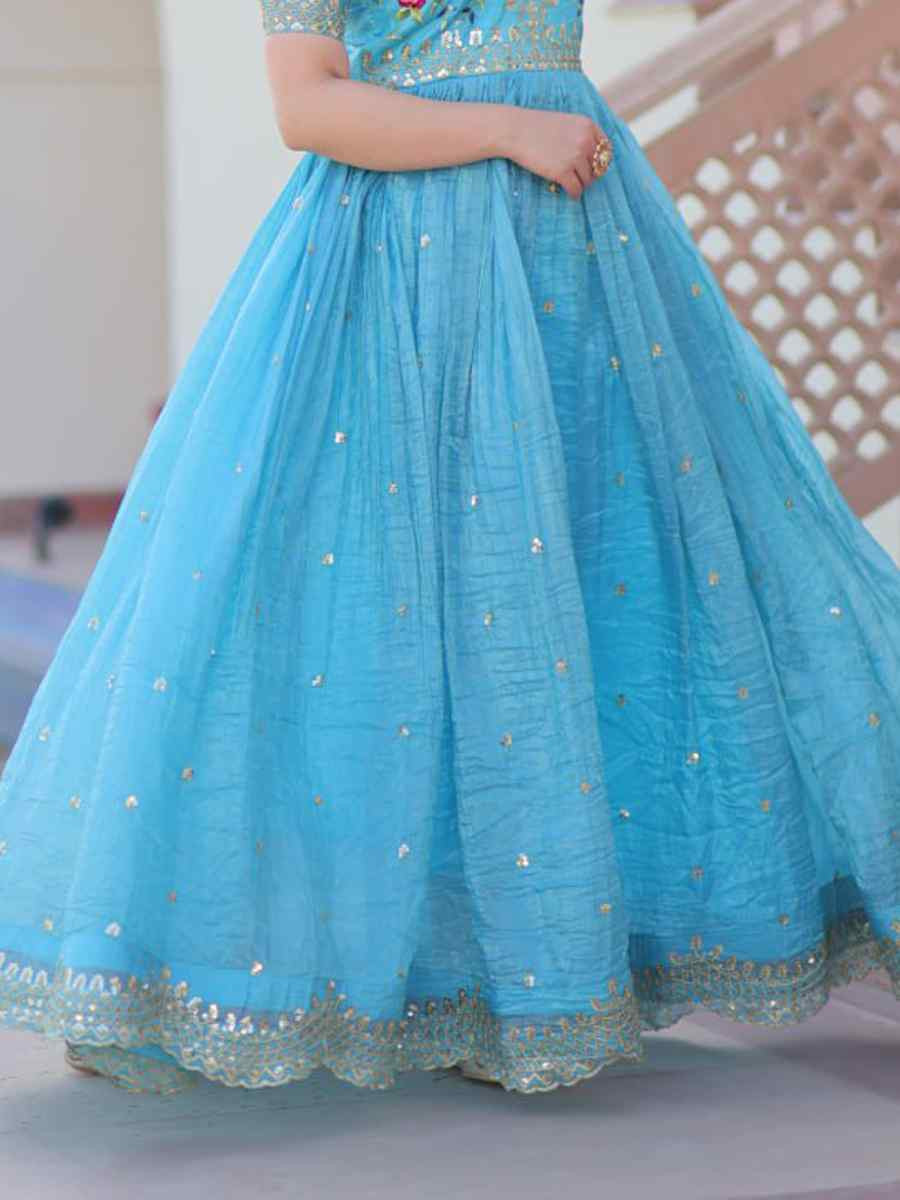 Blue Gold Crush Silk Embroidered Festival Mehendi Gown