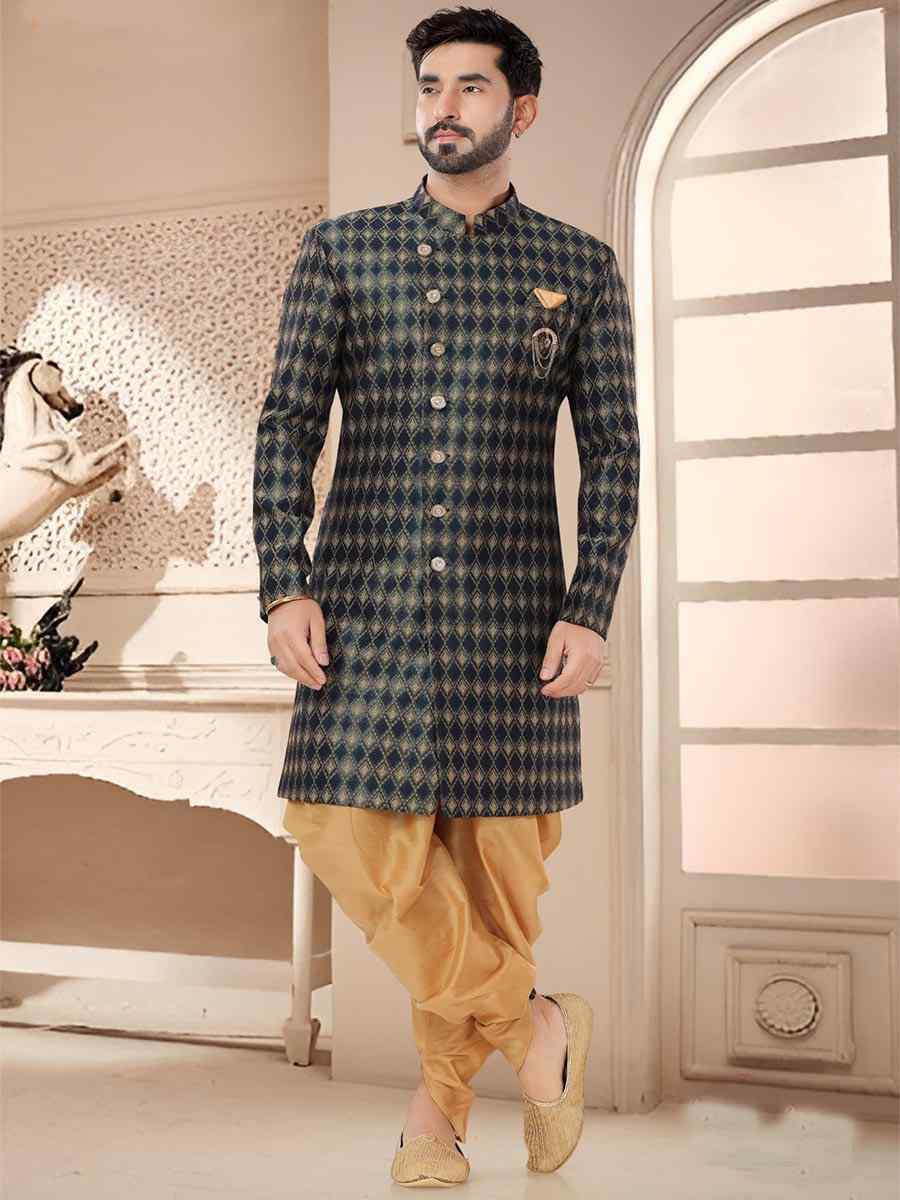 Blue Green Jacquard Woven Festival Wedding Kurta