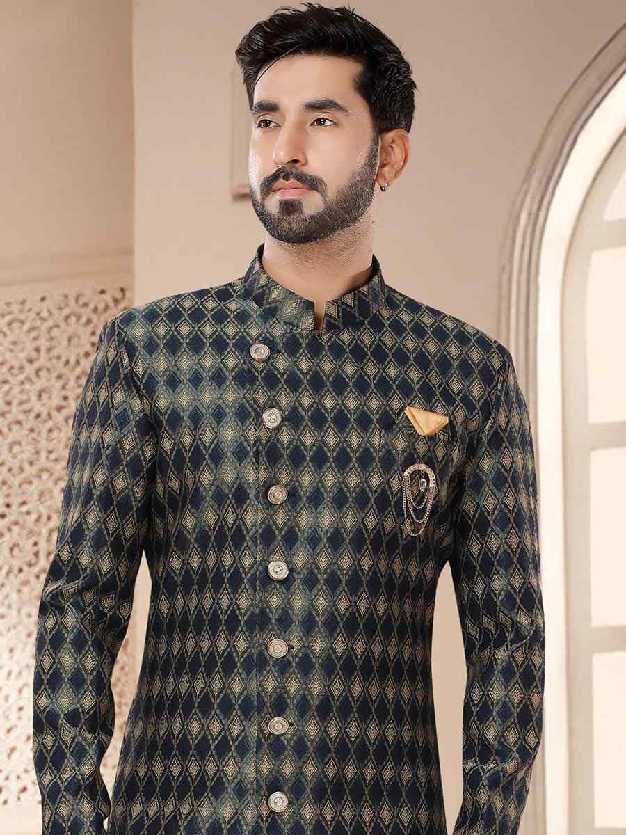 Blue Green Jacquard Woven Festival Wedding Kurta